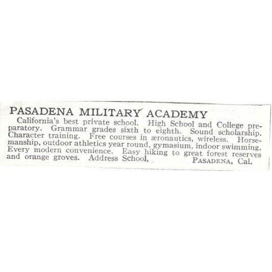Pasadena Military Academy CA c1918 Original Advertisement AE5-SV3