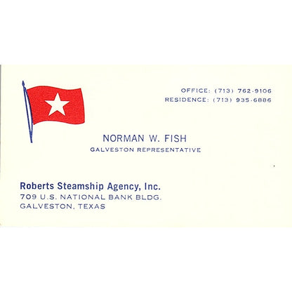 Roberts Steamship Agency Norman Fish Galveston TX Vintage Business Card SB4-B11