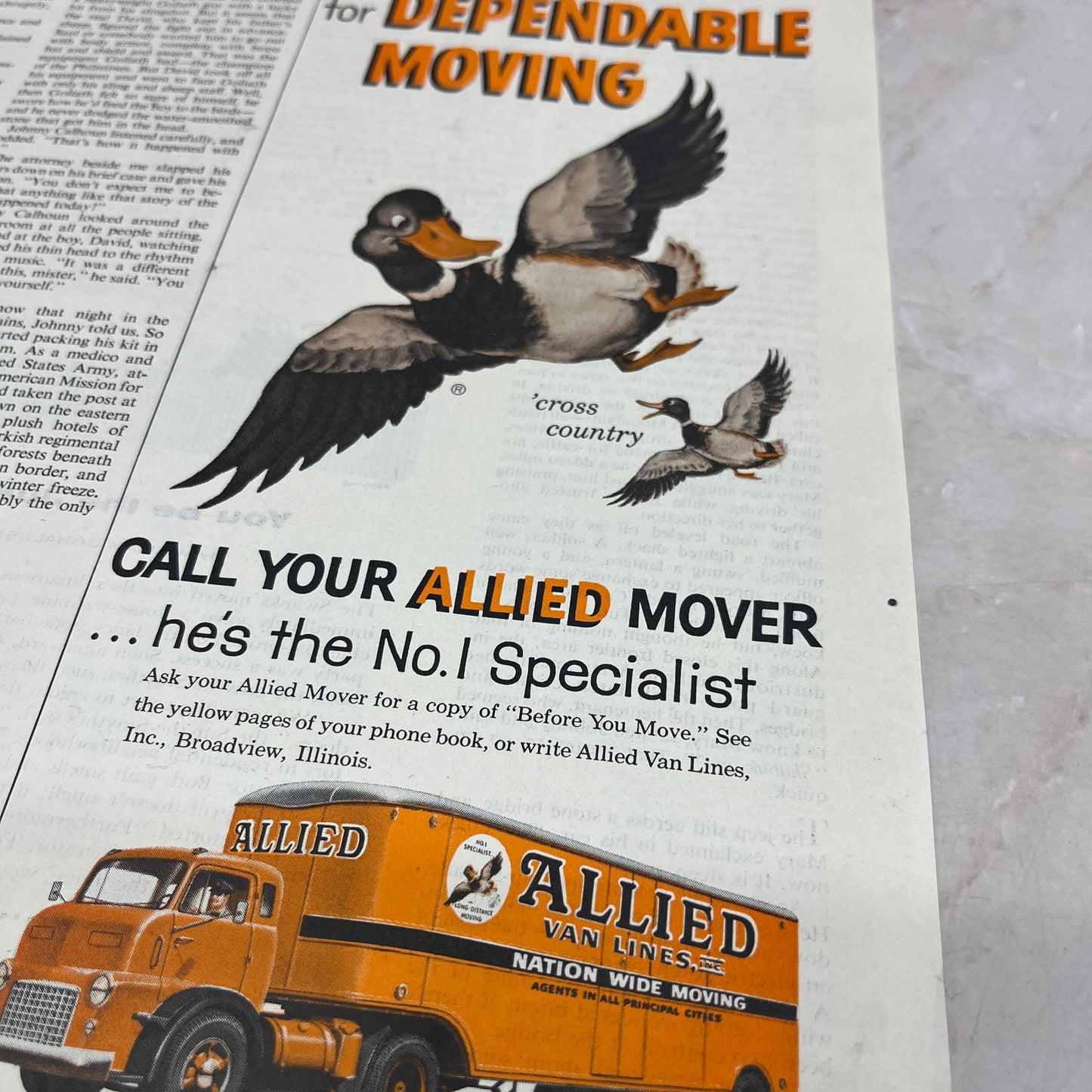 Allied Van Lines Cross Country Moving Ducks Magazine Advertisement FL6-7