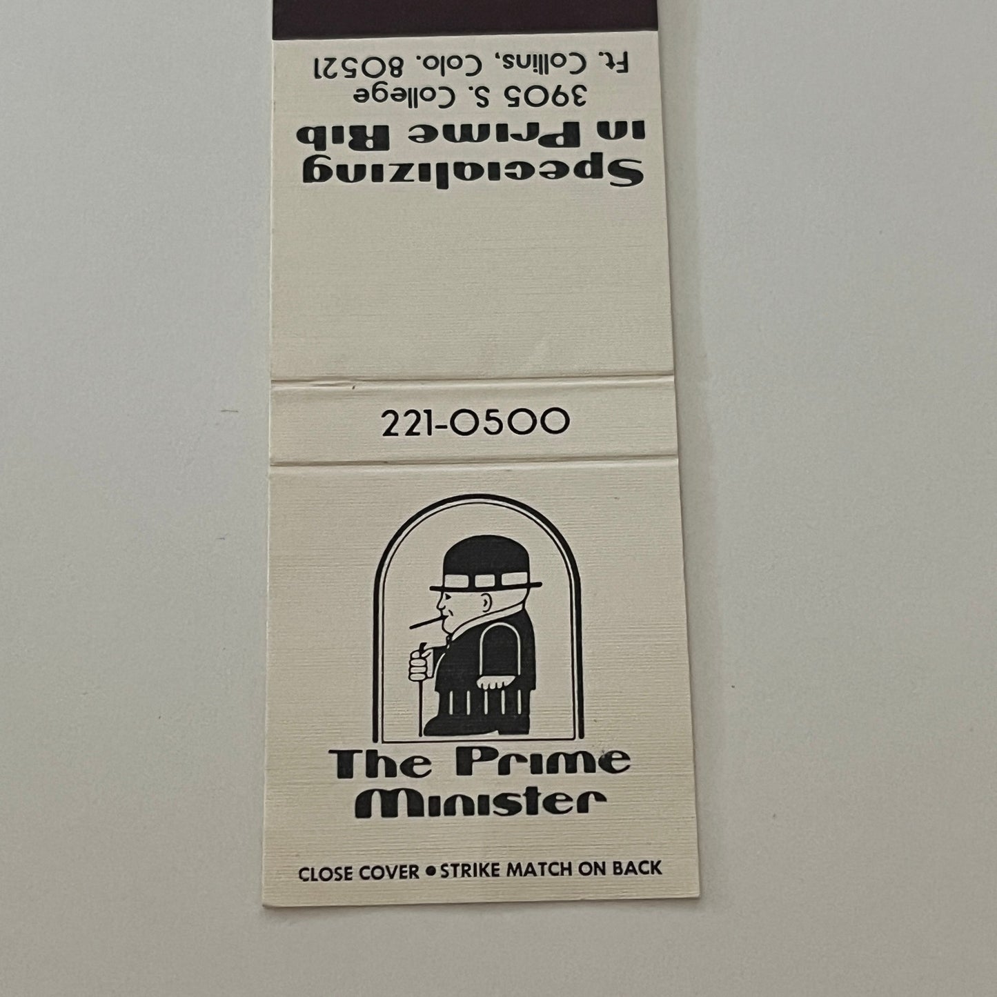 The Prime Minister Prime Rib Restaurant Ft Collins CO Matchbook Cover MM5-9