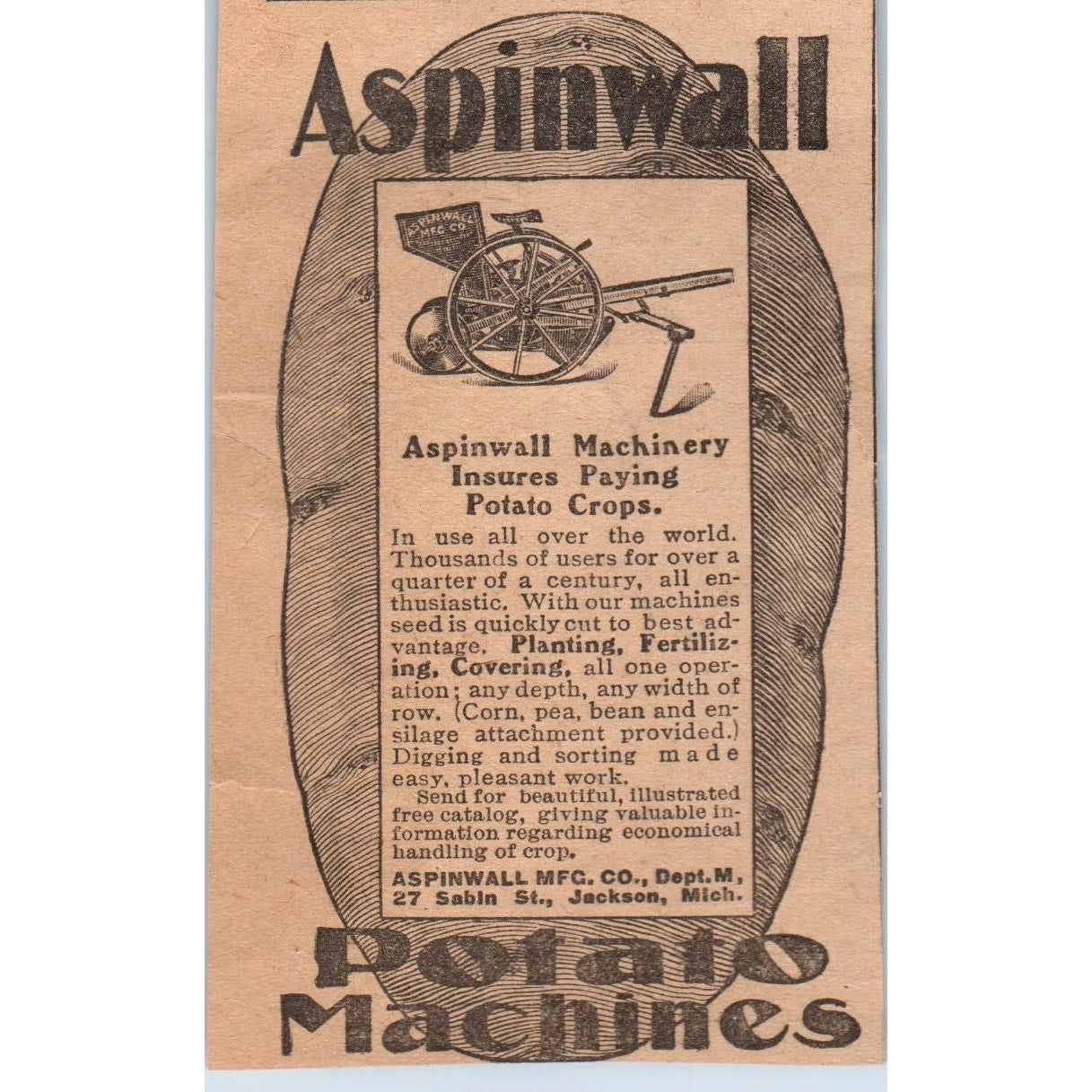 Aspinwall Potato Machines Jackson MI 1905 Magazine Ad AF1-NH4