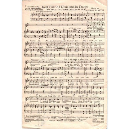 1918 WWI Sheet Music You'll Find Old Dixieland in France Grant Clarke D23