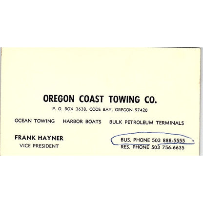 Frank Hayner Oregon Coast Towing Coos Bay OR Vintage Business Card SD9-B8