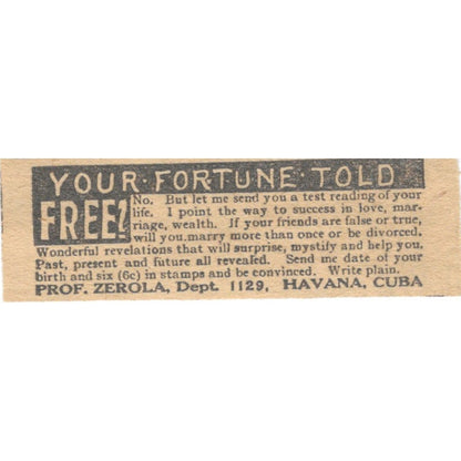 Fortune Teller Prof Zerola Havana Cuba 1910 Magazine Ad AF1-SS8