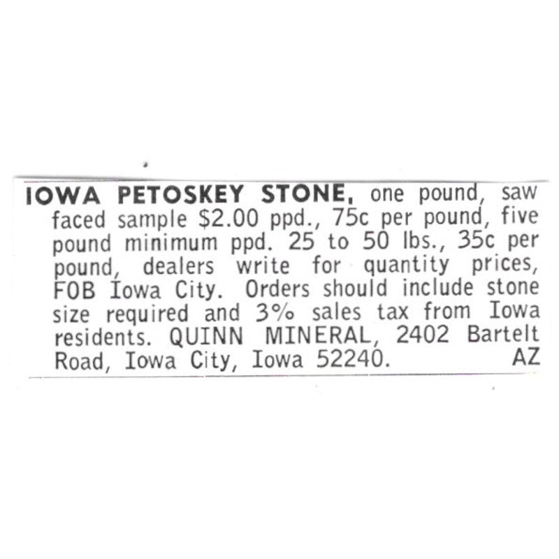 Quinn Mineral Iowa Petoskey Stone Iowa City Iowa 1972 Ad AF8-S11