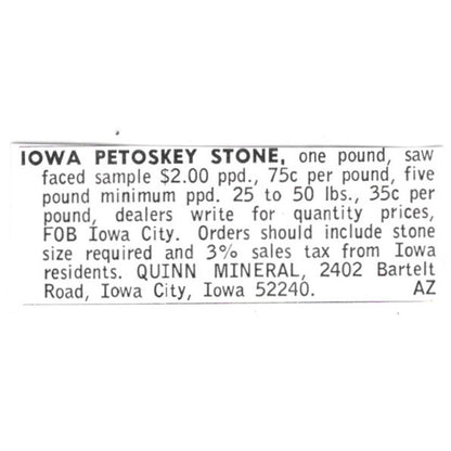 Quinn Mineral Iowa Petoskey Stone Iowa City Iowa 1972 Ad AF8-S11