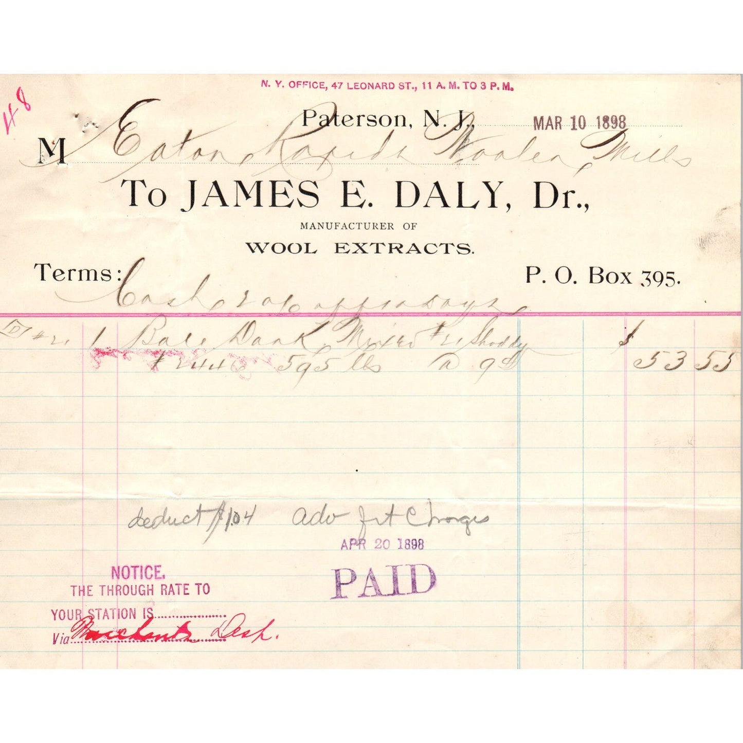 1898 James E. Daly Wool Extracts Paterson NJ Billhead Letterhead D17