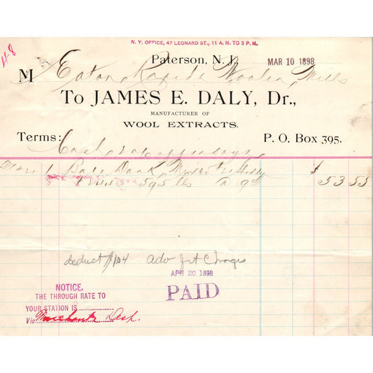 1898 James E. Daly Wool Extracts Paterson NJ Billhead Letterhead D17