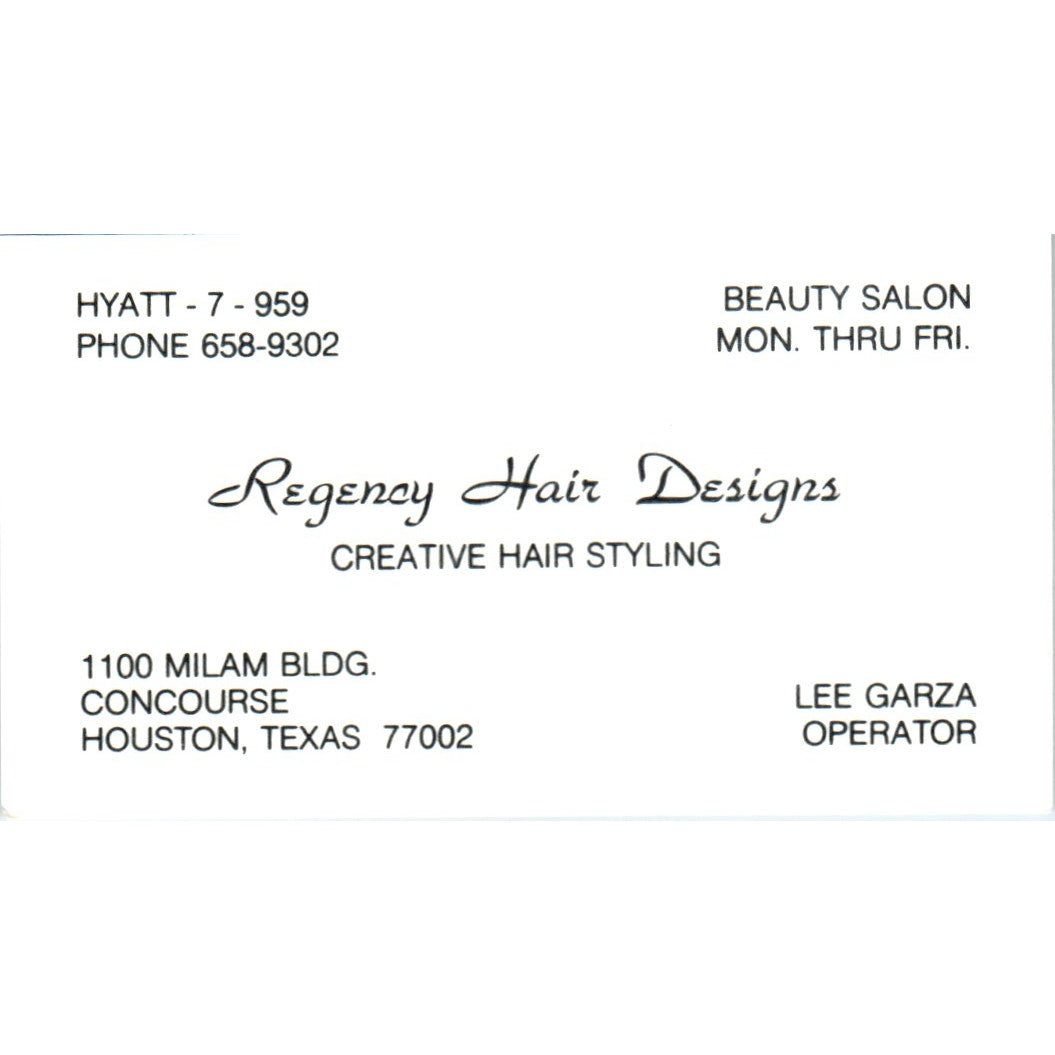 Regency Hair Designs Lee Garza Houston TX Vintage Business Card SD8-B12