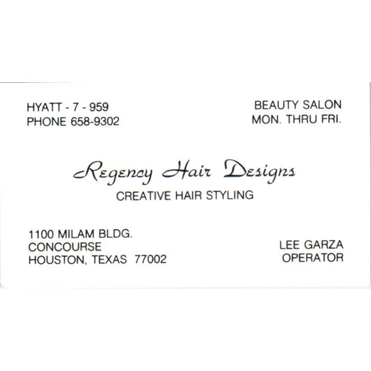 Regency Hair Designs Lee Garza Houston TX Vintage Business Card SD8-B12