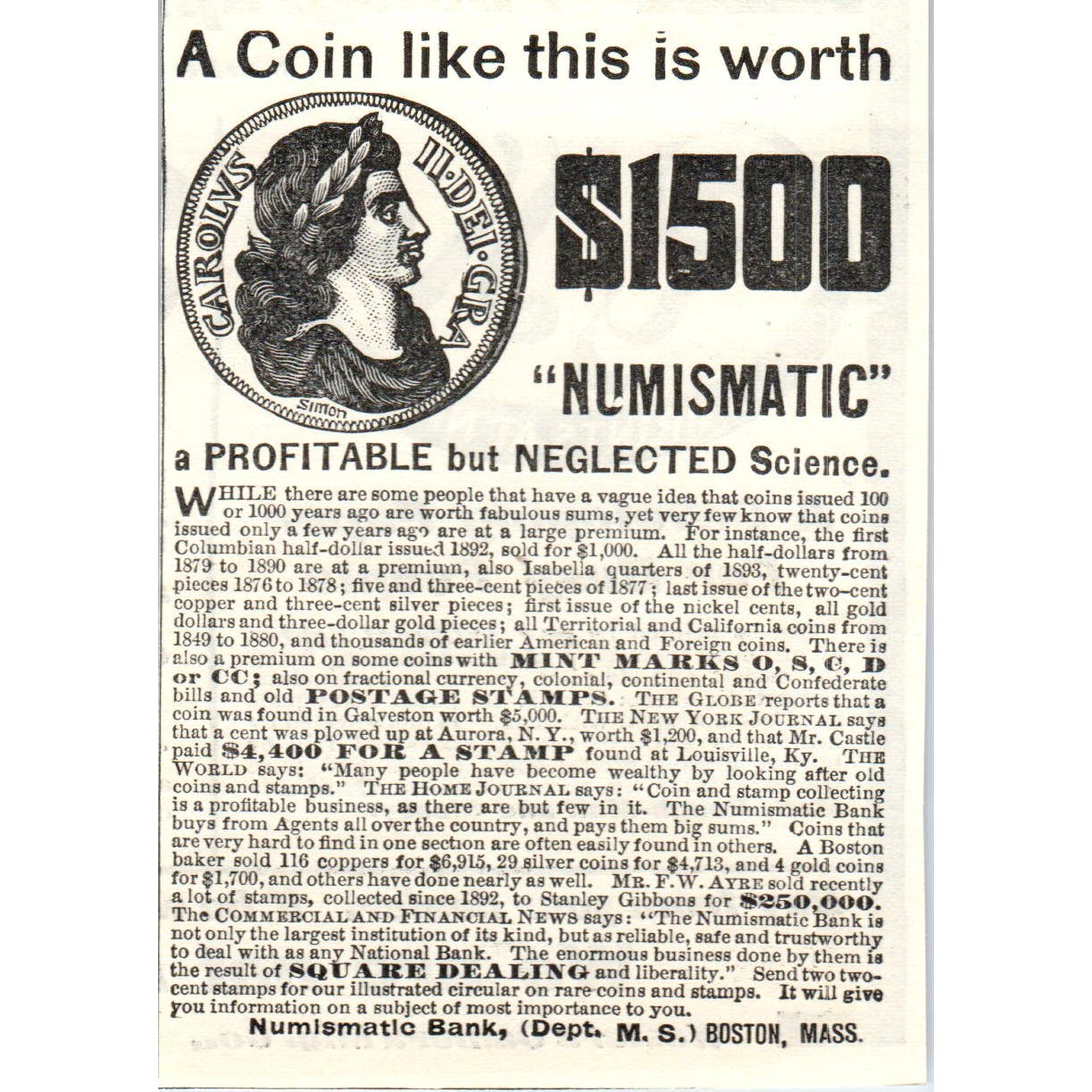 Numismatic Bank Boston MA c1905 Original Magazine Advertisement AE7-A1