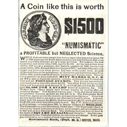 Numismatic Bank Boston MA c1905 Original Magazine Advertisement AE7-A1