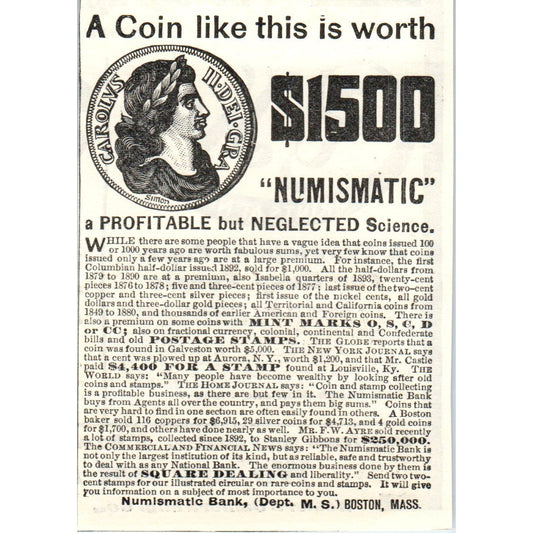 Numismatic Bank Boston MA c1905 Original Magazine Advertisement AE7-A1