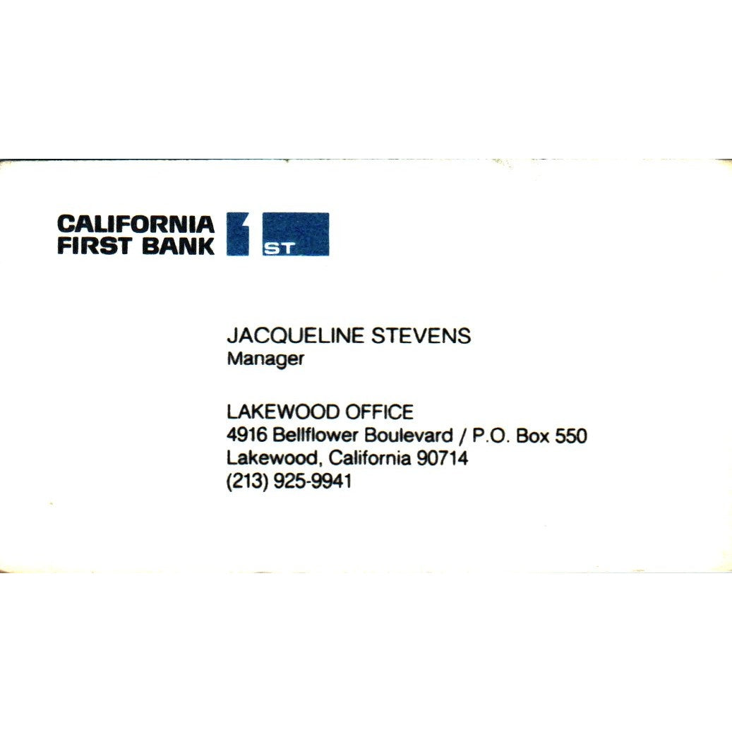Jacqueline Stevens California First Bank Lakewood Vintage Business Card SE3-B9