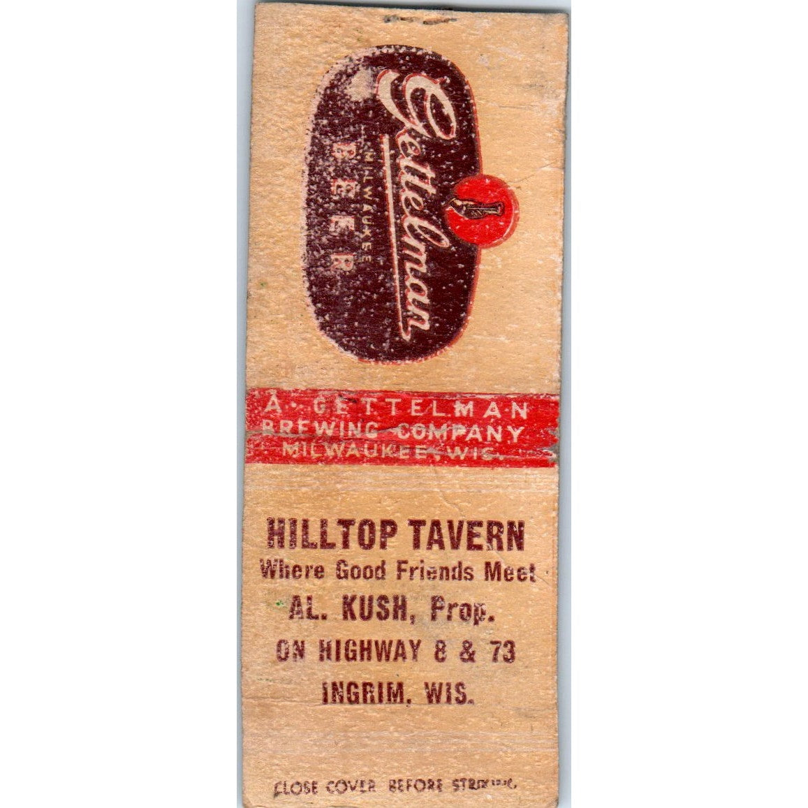 Hilltop Tavern Al Kush Ingrim WI Vintage Matchbook Cover SD4-Y12