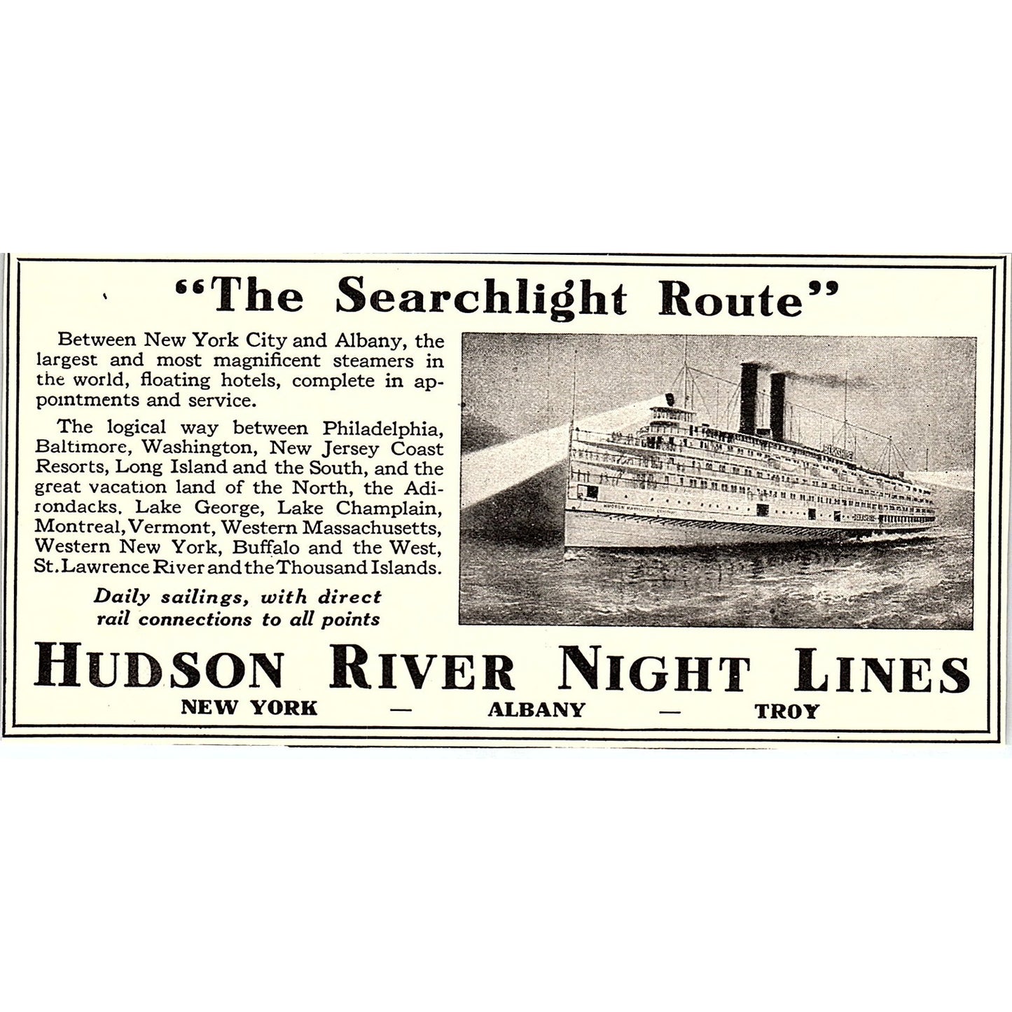 The Searchlight Route Steamers Hudson River Night Line NYC Albany 1920 Ad AF8-H1