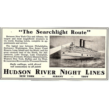 The Searchlight Route Steamers Hudson River Night Line NYC Albany 1920 Ad AF8-H1