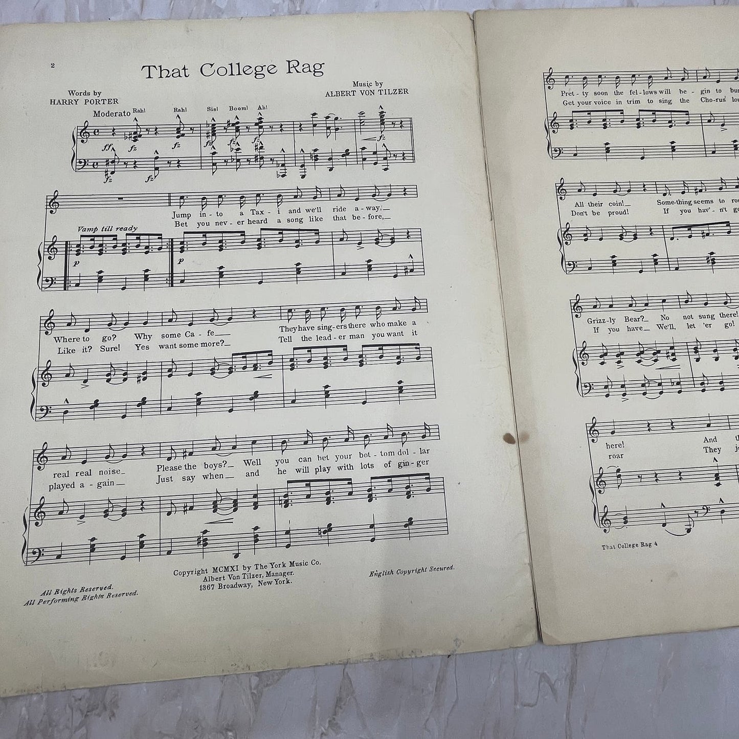 1911 That College Rag - Harry Porter Albert Von Tilzer Ragtime Sheet Music FL6-5