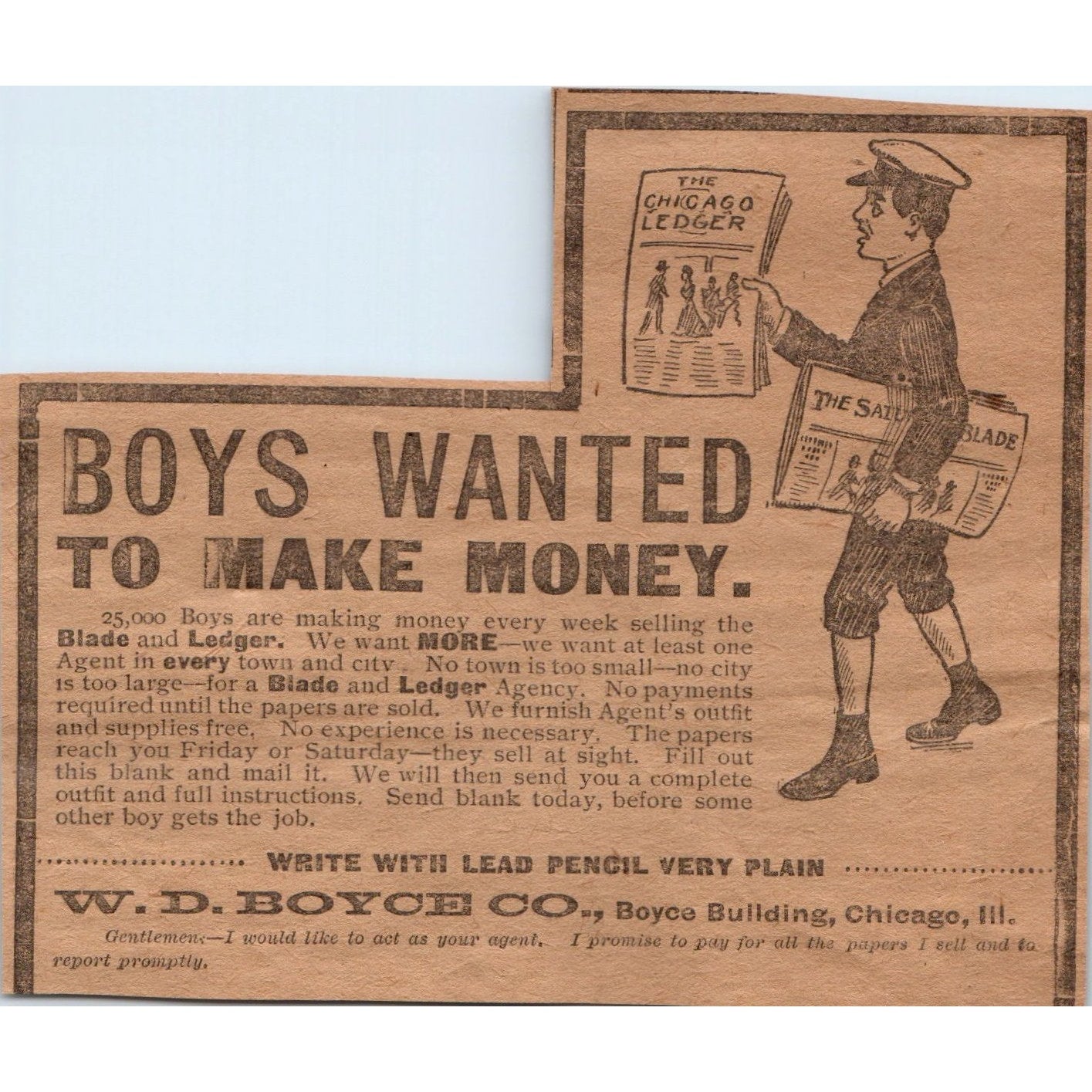 W.D. Boyce Co Chicago News Boys Wanted to Make Money 1906 Original Ad AB6-CL1