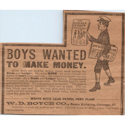 W.D. Boyce Co Chicago News Boys Wanted to Make Money 1906 Original Ad AB6-CL1