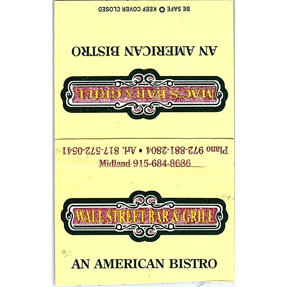 Wall Street Bar & Grill Midland Plano Arlington TX Vintage Matchbook TB6-MB2-12