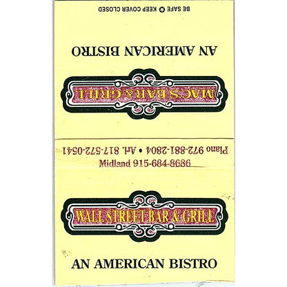 Wall Street Bar & Grill Midland Plano Arlington TX Vintage Matchbook TB6-MB2-12