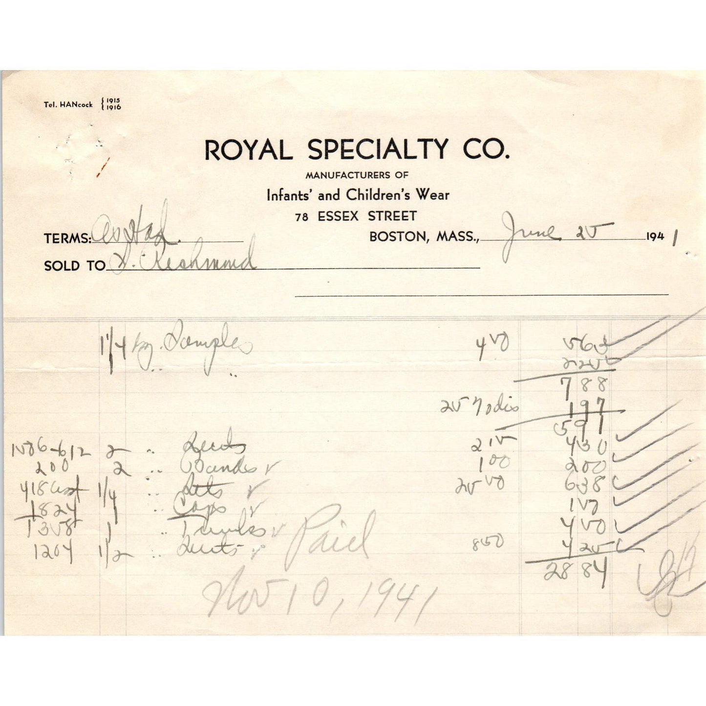 Royal Specialty Co Child's Wear Boston 1941 Original Billhead Letterhead D8