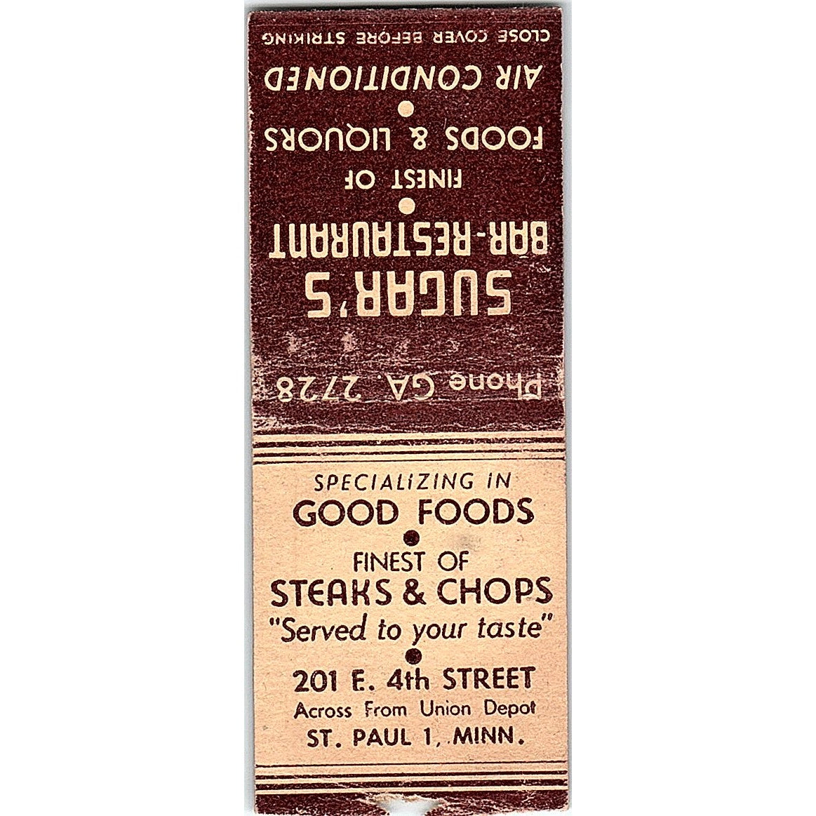 Sugar's Bar & Restaurant 201 E 4th St St. Paul MN Vintage Matchbook Cover SE5-Y2