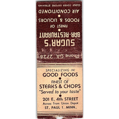 Sugar's Bar & Restaurant 201 E 4th St St. Paul MN Vintage Matchbook Cover SE5-Y2