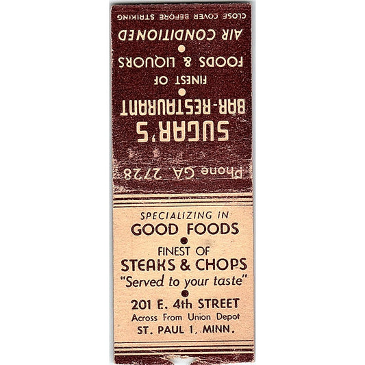 Sugar's Bar & Restaurant 201 E 4th St St. Paul MN Vintage Matchbook Cover SE5-Y2