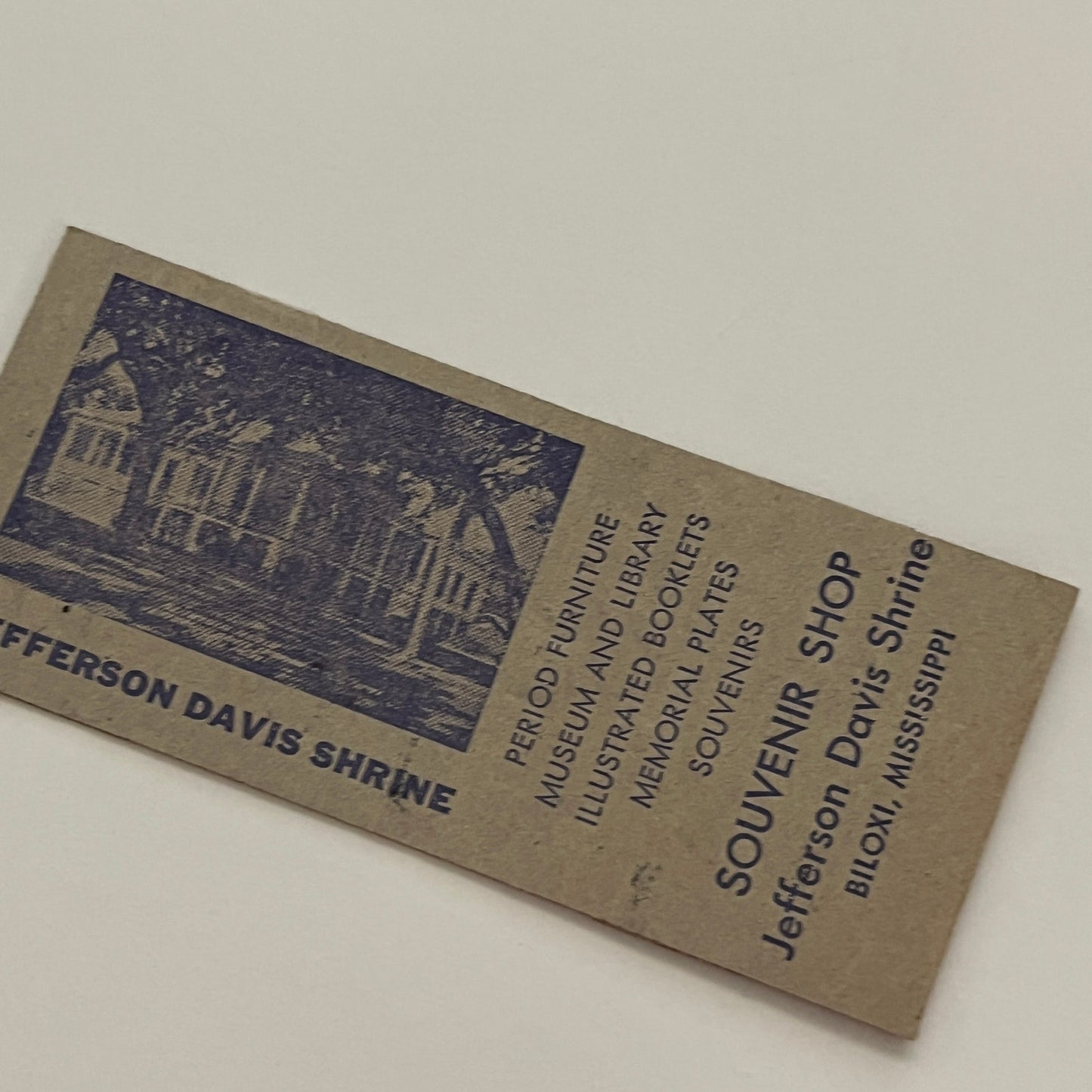 Jefferson Davis Shrine Gulf Coast Biloxi MS 1953 Matchcover Match Book AG3-S27