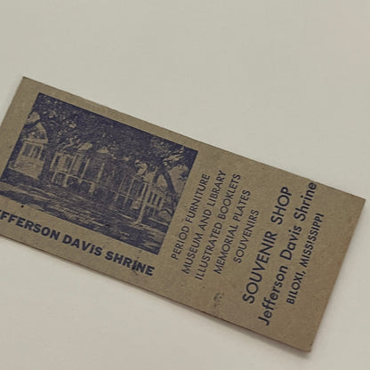 Jefferson Davis Shrine Gulf Coast Biloxi MS 1953 Matchcover Match Book AG3-S27