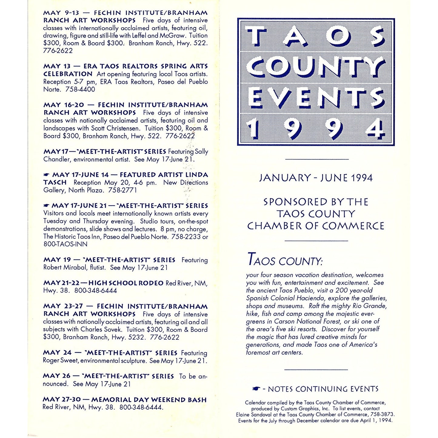 Taos County Events 1994 New Mexico Vintage Fold Out Travel Brochure TH2-TB1