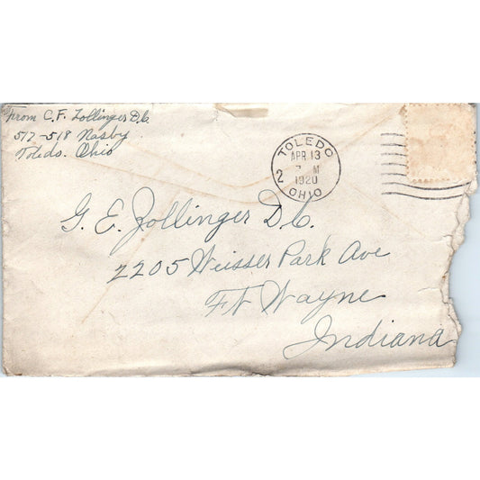 1920 C.F. Zollinger Toledo OH to G.E Zollinger Ft. Wayne IN Postal Cover TG7-PC1