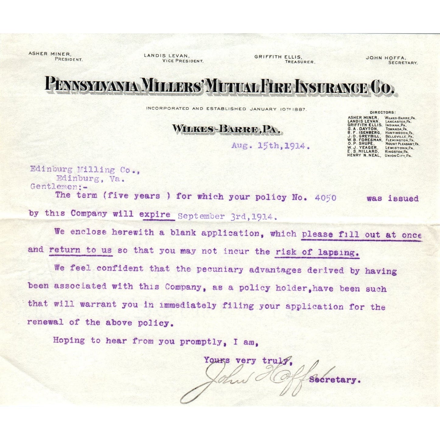 Pennsylvania Millers Mutual Fire Ins Wilkes-Barre 1914 Original Billhead D8-LL