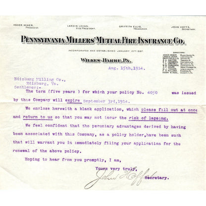 Pennsylvania Millers Mutual Fire Ins Wilkes-Barre 1914 Original Billhead D8-LL