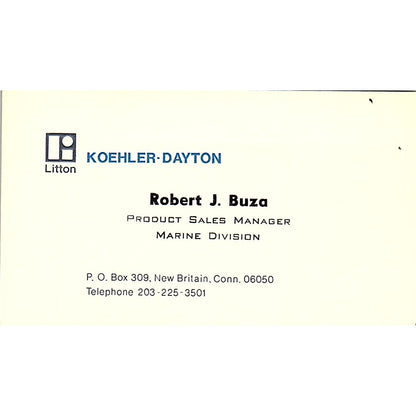 Robert J Buza Koehler-Dayton New Britain CT Vintage Business Card SD9-B9
