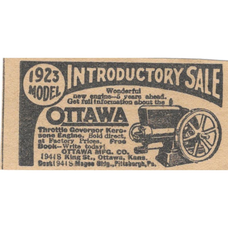 Ottawa Mfg Co KS Throttle Governor Kerosene Engine 1923 Magazine Ad Clip AE1-6
