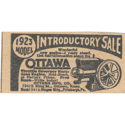Ottawa Mfg Co KS Throttle Governor Kerosene Engine 1923 Magazine Ad Clip AE1-6