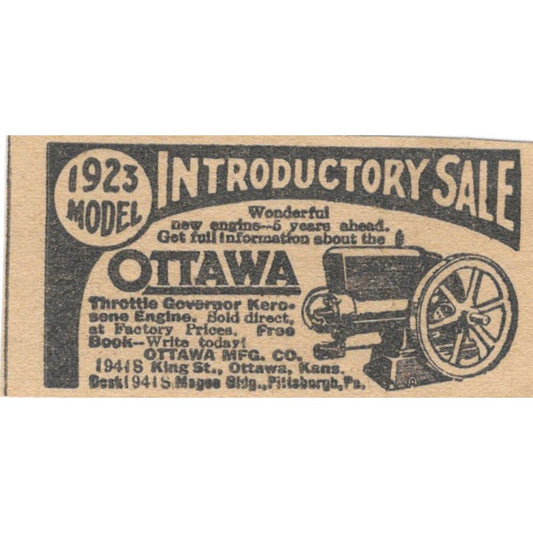 Ottawa Mfg Co KS Throttle Governor Kerosene Engine 1923 Magazine Ad Clip AE1-6