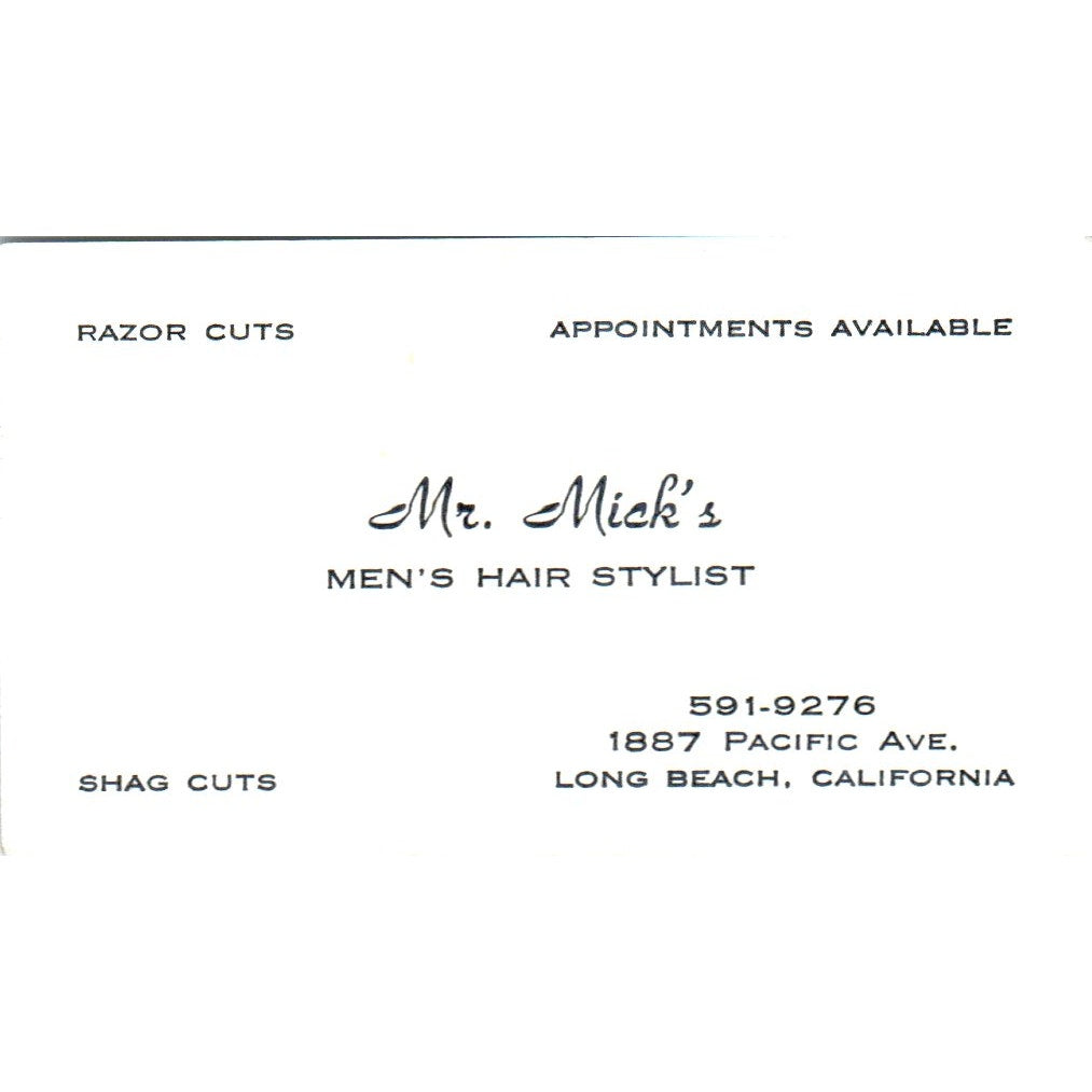 Mr. Mick's Men's Hair Stylist Long Beach CA Vintage Business Card SD8-B9