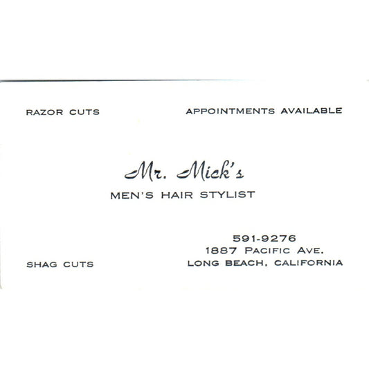 Mr. Mick's Men's Hair Stylist Long Beach CA Vintage Business Card SD8-B9