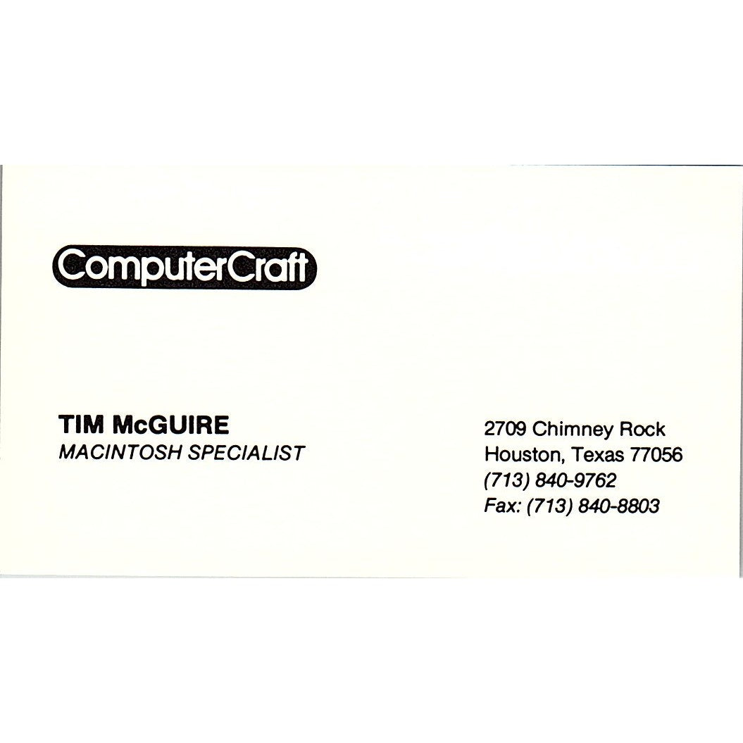 Tim McGuire ComputerCraft Houston TX Vintage Business Card SD9-B2