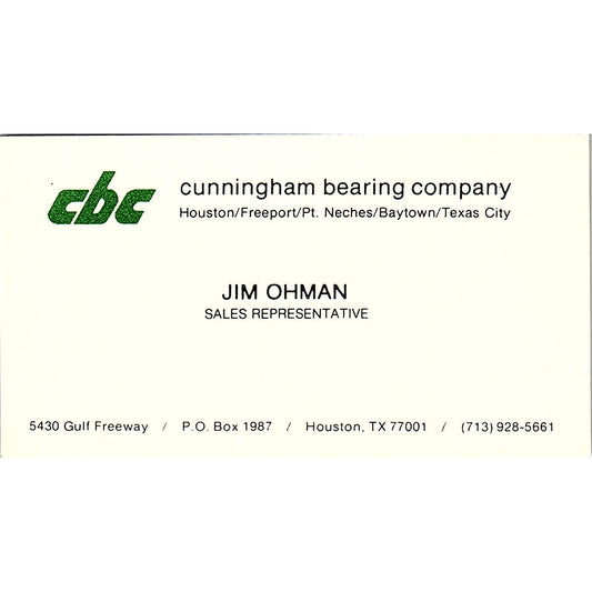 Cunningham Bearing Company Jim Ohman Houston Texas Vintage Business Card SB4-B10