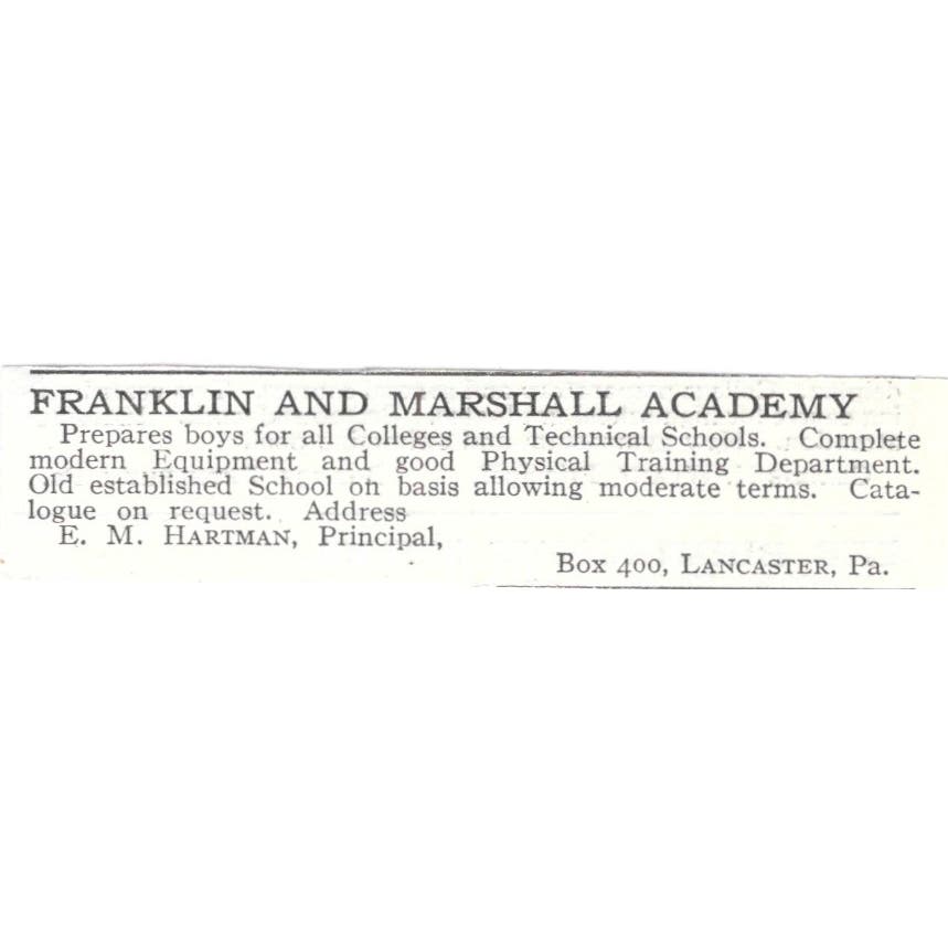 Franklin & Marshall Academy E.M. Hartman Lancaster c1918 Advertisement AE5-SV1