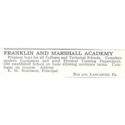 Franklin & Marshall Academy E.M. Hartman Lancaster c1918 Advertisement AE5-SV1