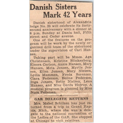 Alexandria MN Danish Sisters Anniversary 1935 Minneapolis Journal Article AE7-N5