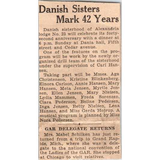 Alexandria MN Danish Sisters Anniversary 1935 Minneapolis Journal Article AE7-N5