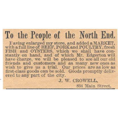 J.W. Crowell Groceries Main Street Hartford 1886 Newspaper Ad AF7-SS8