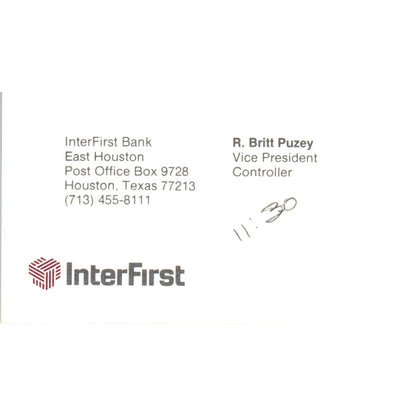 R. Britt Puzey InterFirst Bank Houston TX Vintage Business Card SE3-B7